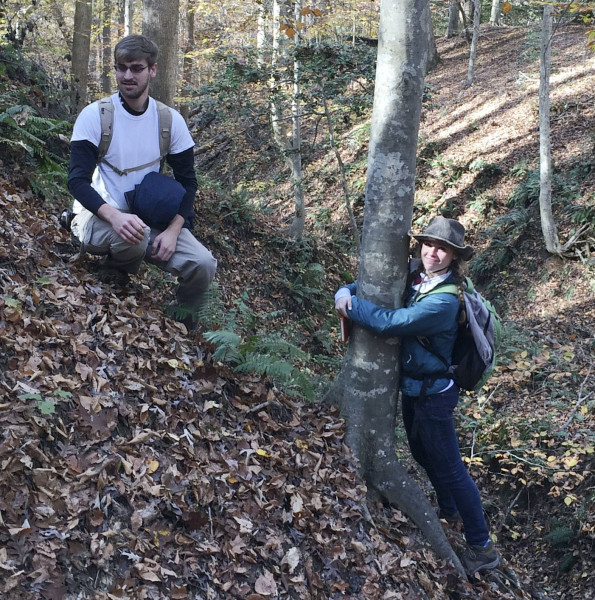 W&M geologists Alexander Greene and Katie Valery on the steep slopes near Menokin.