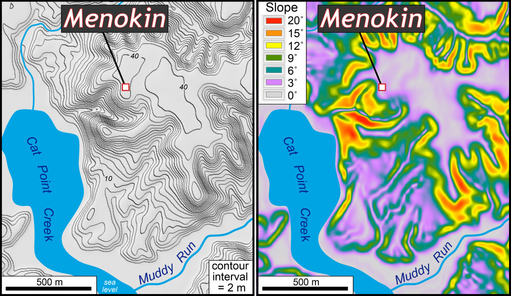 Left: Topographic map of the Menokin area. Note the flat upland at ~40 m (130’). Right: Slope map of the Menokin area. The gray-purple areas are flat terrain, while the orange-red areas are steep slopes.