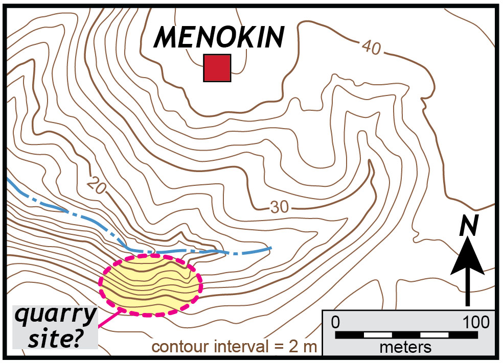 Detailed contour map of steep ravine to the south of Menokin that may be the location of an old quarry. Map prepared by Megan Flansburg, based on LIDAR data.
