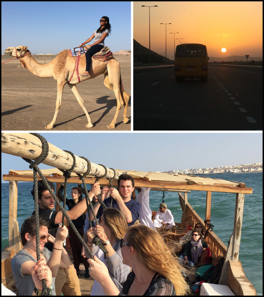 Top Left: Kira McFadden takes a camel ride. Top Right: Following the magic school bus into the setting sun near Ibri. Bottom: Rolling with the waves in a dhow off the coast at Sur. 