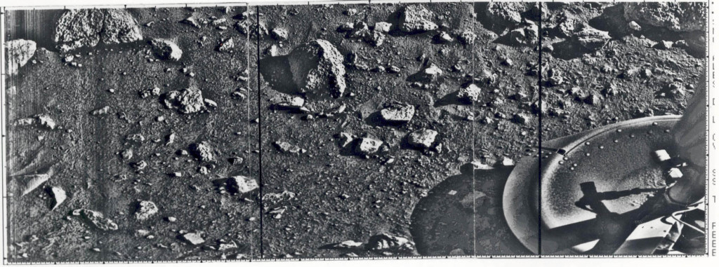 First full image from the Viking 1 lander (July 20, 1976). From http://www.nasa.gov/images/content/188953main_First_Mars_full.jpg