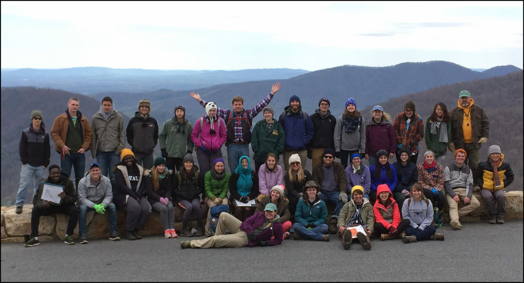 The 2016 William & Mary Earth Structure & Dynamics class at Loft Mountain Overlook in Shenandoah National Park after a cold night in the Blue Ridge Mountains. 