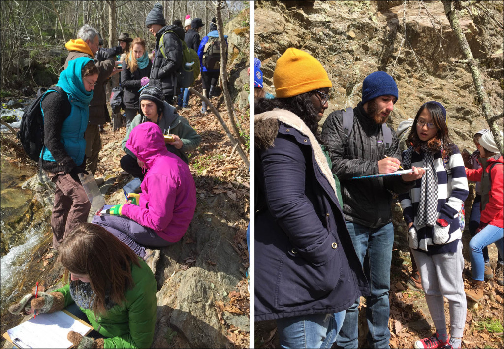 Bundled up against the weather, William & Mary geologists working it out at the Garth Run high-strain zone.