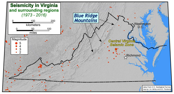Location of earthquake epicenters (1973 – 2016). The 2011 Virginia earthquake (Mw = 5.8) occurred in the central Virginia Seismic Zone. Notice the paucity of earthquakes in the Blue Ridge Mountains.