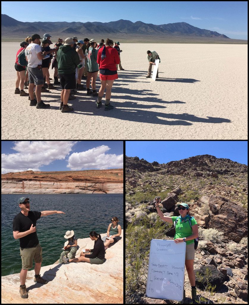 Teaching Moments: top- Becky Jirón and an attentive group at Wah Wah playa, lower left- Jim Kaste holds forth on Lake Powell’s ‘bath tub rim’, lower right- Megan Flansburg discusses the finer points of volcanic rocks at McHeffy Butte.