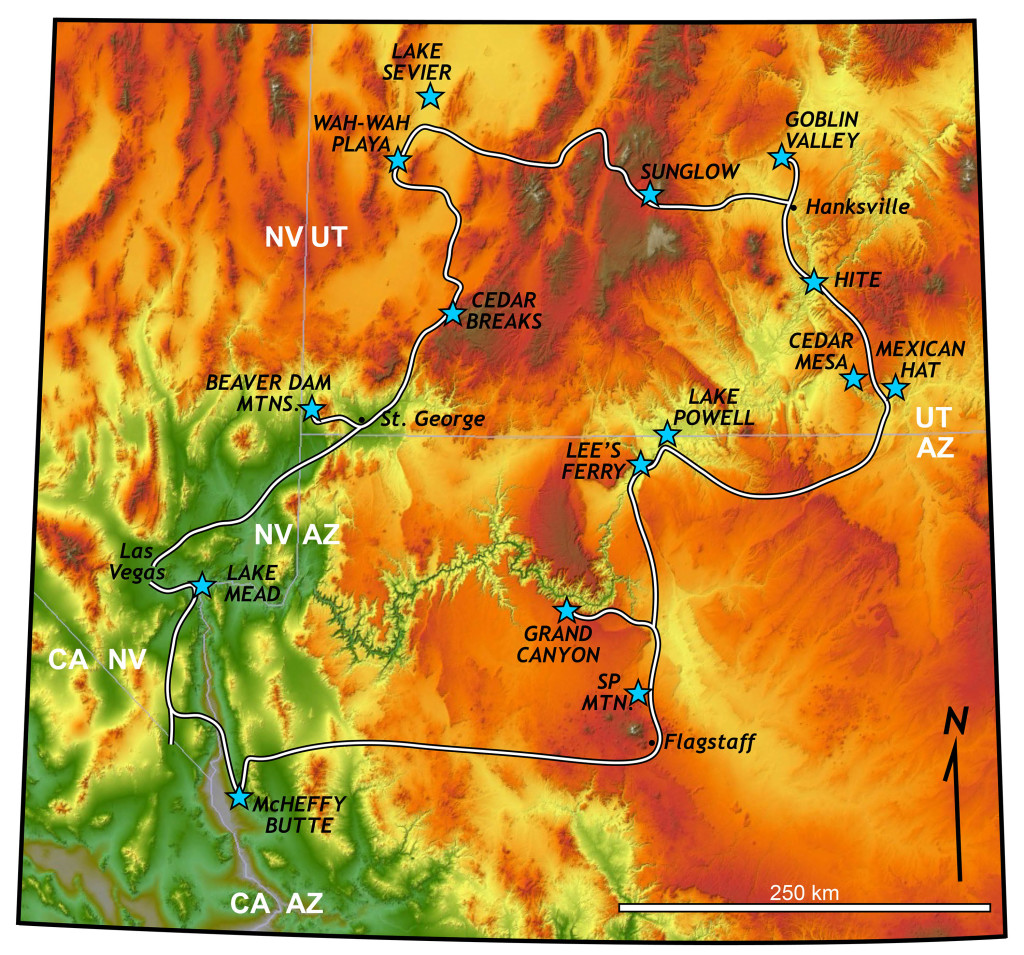 Shaded relief map of the 2016 William & Mary Geology 310 course's route across Nevada, Arizona, and Utah.