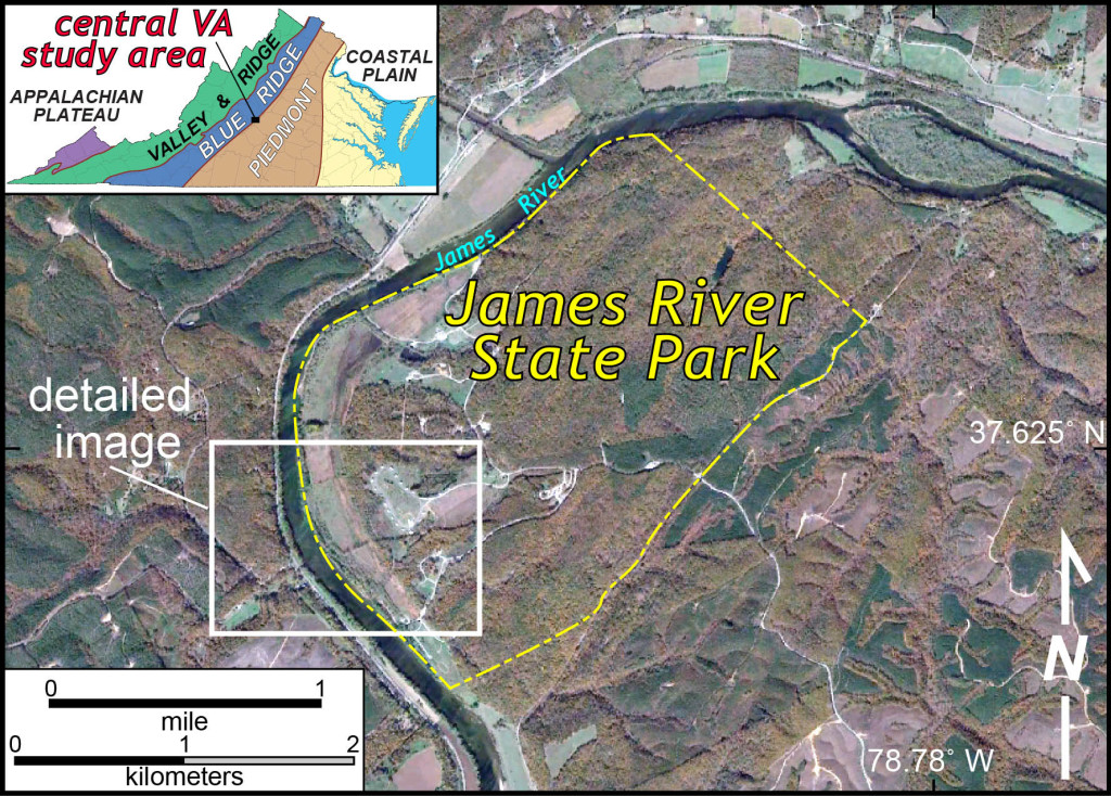 Locator map and aerial imagery of the James River State Park area in central Virginia. 