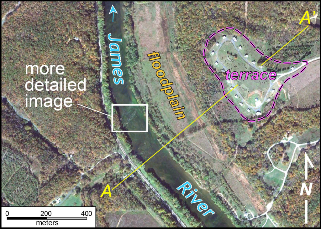 A more detailed image of the James River at the James River State Park with the floodplain and a terrace highlighted. The cabins at the park are located on a river terrace.