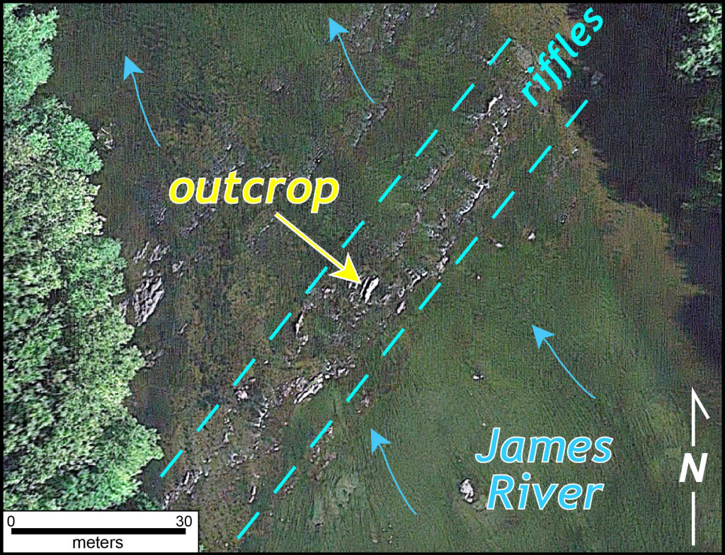 A close-up view of the James River's channel at low water. Notice riffles and bedrock outcrops.