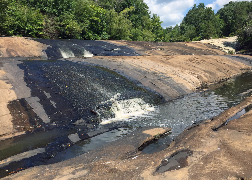 The Falls of the Nottoway River at low water (~25 cfs). Note the vast amount of granitic bedrock exposed in the channel.