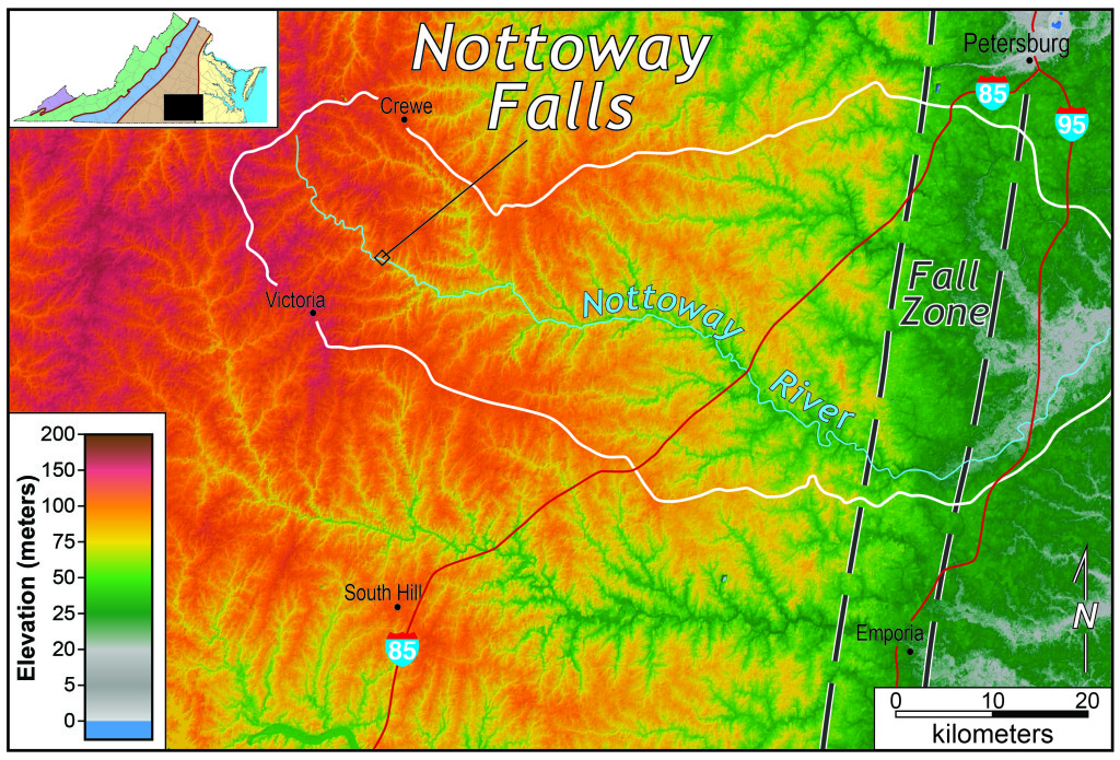 Shaded relief map of the upper Nottoway River watershed, south-central Virginia. 