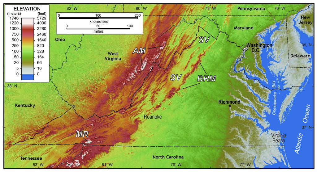 Shaded relief map of Virginia and the surrounding regions. AM- Alleghany Mountains, BRM- Blue Ridge Mountains, MR- Mt. Rogers (Virginia’s highest point), and SV- Shenandoah Valley.