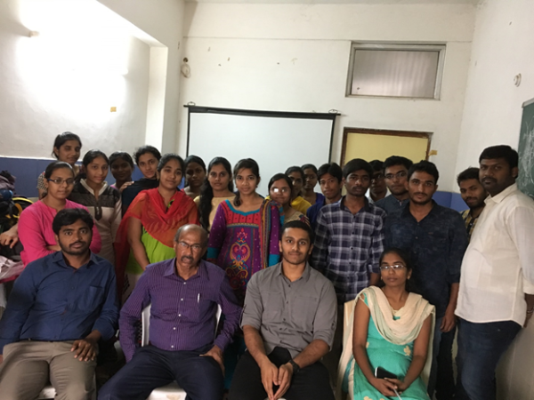MBBS students standing behind Dr. Anand Reddy. Sitting next to Dr. Anand Reddy and I are the two PG students Laxman and Pranitha. Off to the side are the house surgeons Raghava (in the white shirt) and Manohar babu (behind Raghava).