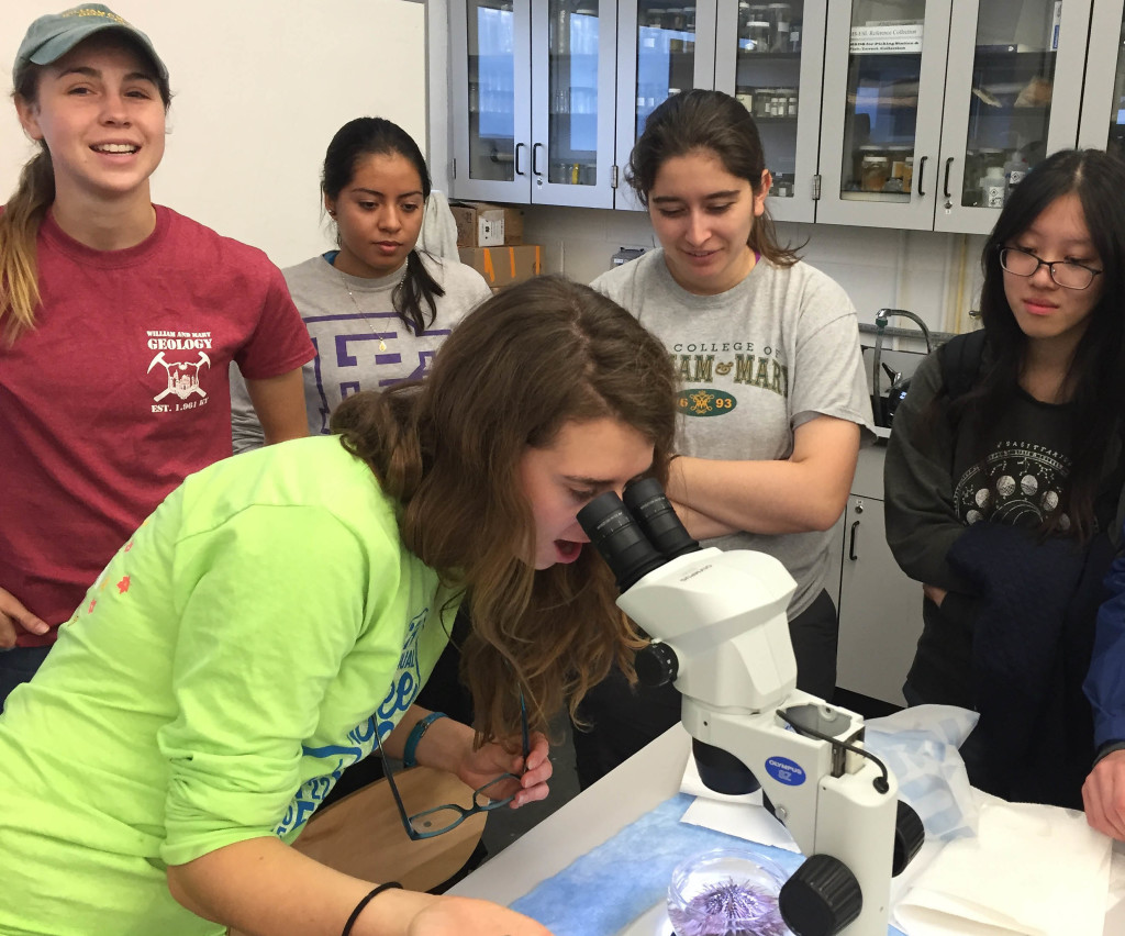 Eve Puglsey and friends experience the joy of discovery! Note the urchin under the microscope.