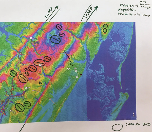 A groups musings on the Eastern Shore's topography, note the scarps and carolina bays.