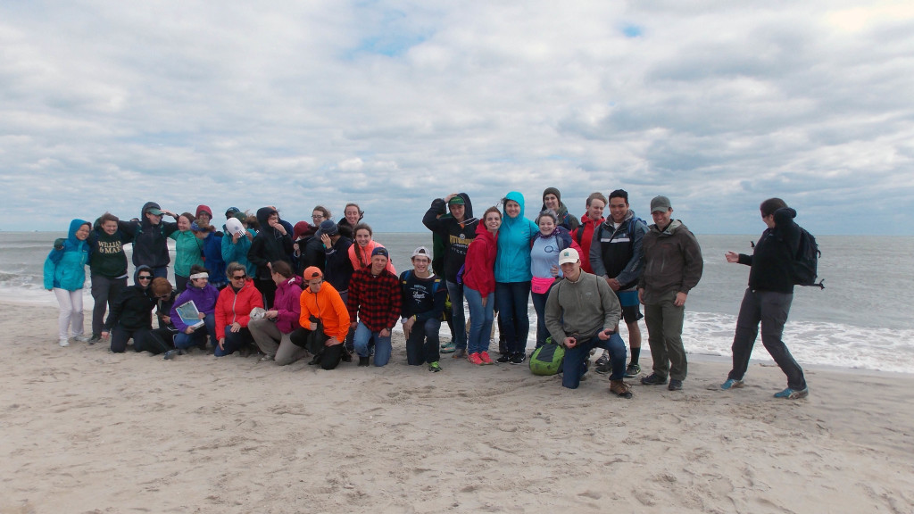 On the beach and struggling with the group pose at Assateague Island beach