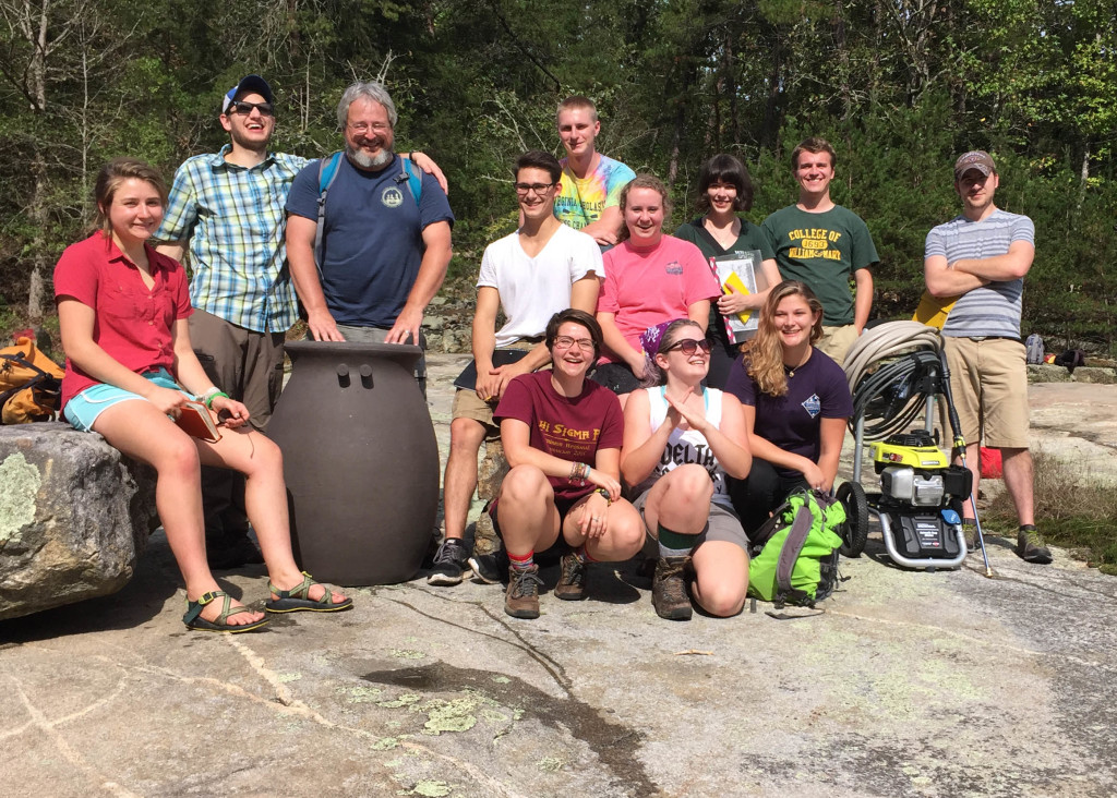 The 2016 William & Mary Structural Geology Seminar at the Falls of the Nottoway River, Virginia. Note the rain barrel and power washer for scale. 