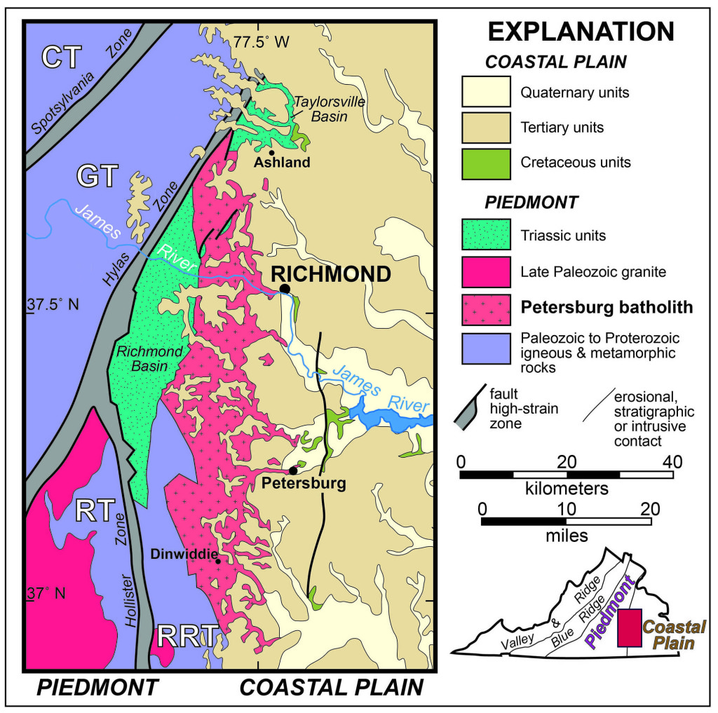 Generalized geologic map of the Petersburg batholith in east-central Virginia. CT- Chopawamsic terrane, GT- Goochland terrane, RT- Raleigh terrane, RRT- Roanoke Rapids terrane. Modified from Owens, B.E., Carter, M., and Bailey, C.M., 2017, Geology of the Petersburg batholith, eastern Piedmont, Virginia, in Bailey, C.M., and Jaye, S., eds., From the Blue Ridge to the Beach: Geological Field Excursions across Virginia: Geological Society of America Field Guide 47, p. 123–133 doi:10.1130/2017.0047(06)