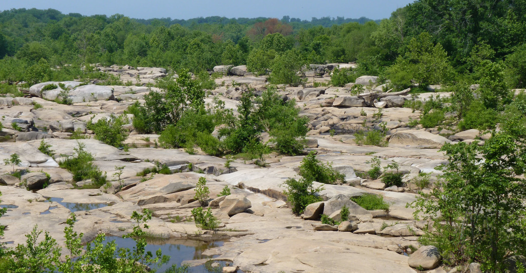 Expansive outcrops of Petersburg Granite exposed in the old channel of the James River, south of Belle Isle.