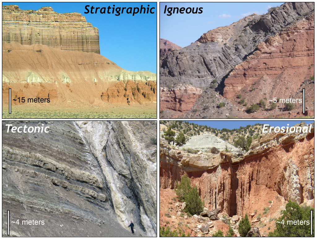 Types of geologic contacts: Stratigraphic contacts from Goblin Valley, Utah. Igneous contacts from Capitol Reef National Park, Utah. Tectonic contact from Cedar Canyon, Utah. Erosional contact near Salina, Utah.