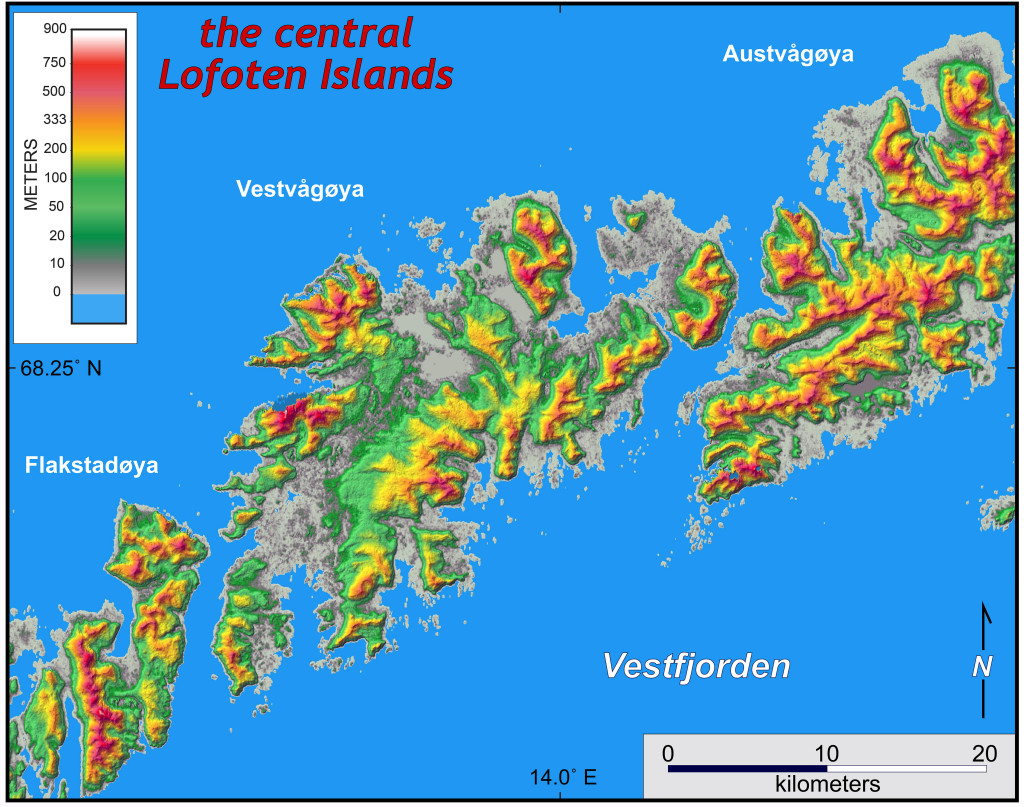 Shaded relief map of part of the Lofoten Archipelago. Note the rugged alpine topography (the yellows and reds), but the islands also have large tracts of low-elevation flat terrain (the grays). What factors have created the Lofoten landscape?