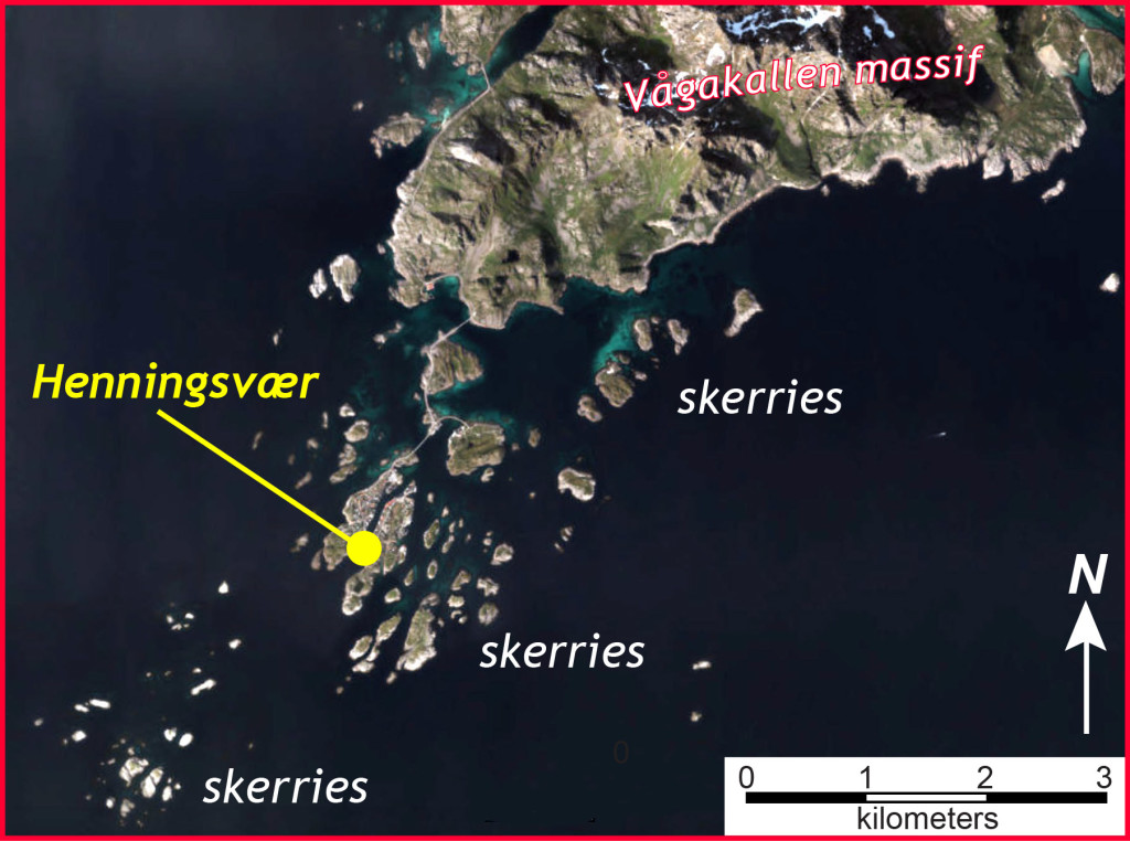 Annotated aerial image of Henningsvær (modified from Norgeskart website: https://www.norgeskart.no/)