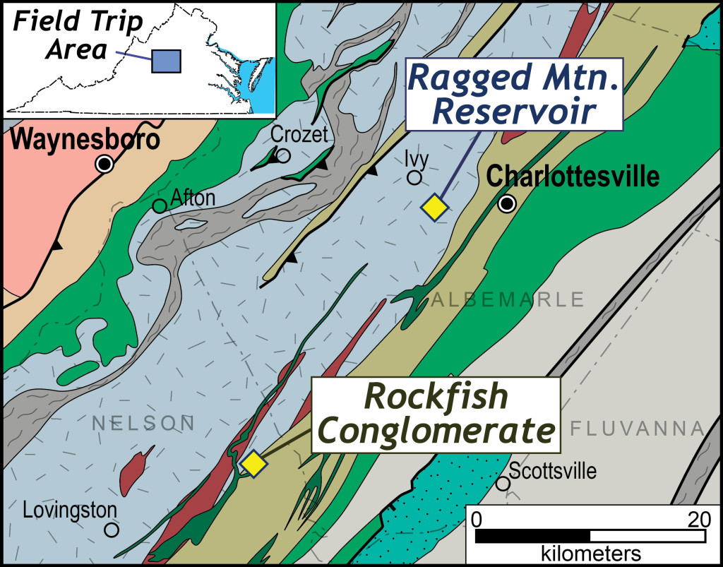 Generalized geologic map of central Virginia. The Blue Ridge basement complex is the light blue stippled unit.