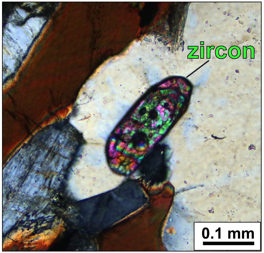 Close-up view of a zircon crystal in a Blue Ridge basement rock. Other visible minerals include quartz, feldspar, and biotite. Cross-polarized light.