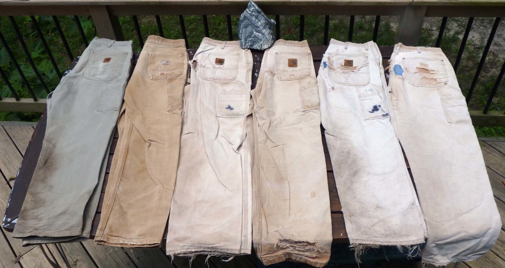 My well-utilized field britches are dungarees made by Carthartt. The pants get older from left to right.