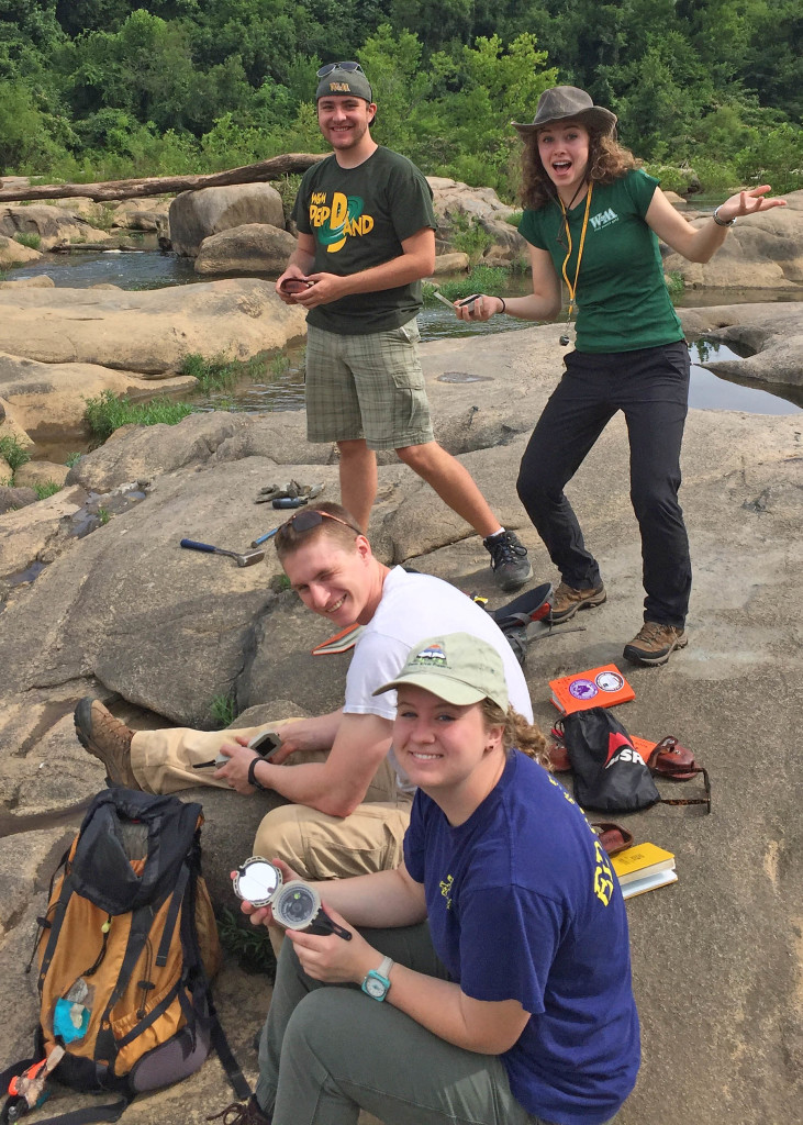Happy W&M geologists on the outcrop at Belle Isle, Richmond. From bottom to top: Katie Lang, Mark Simonds, Katie Valery, and Richard Watson.