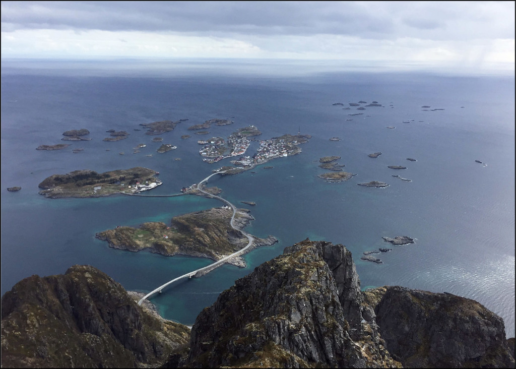 View from the summit of Festvågtind (541 m) of Henningsvær and the surrounding skerries stretching towards Vestfjorden. View is to the southwest.