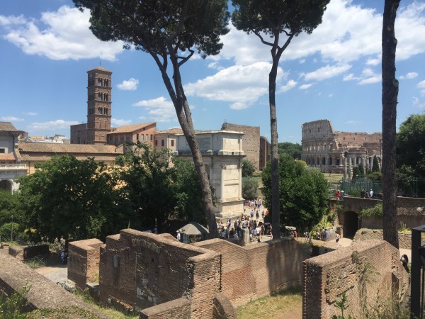  A view of the Roman Forum with the Colosseum in the background 