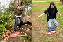 Grace (left) is grooving: ready to take that final step and start landsurfing down a steep pitch on campus (blue arrow points down slope). Bo (right) is bumming: no land surfing for her, as the slope she chose is not steep enough.