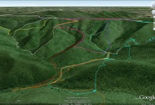 Oblique aerial view (in Google Earth) looking to the southeast illustrating GPS tracklines from the Structural Geology seminar’s traverses in the Big Run basin, Shenandoah National Park, Virginia.