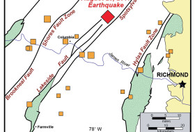 Generalized Geological Map of the Central Virginia Piedmont with Faults and Earthquakes.