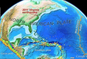 The 2011 Virginia earthquake occurred well within the North American plate. Colored dots represent earthquakes of M>5 and cluster along plate boundaries. Earthquake data from National Earthquake Information Center (1973-2011).