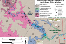 Generalized geologic map of the North Anna River region. Structure data from our canoe trip, geologic contacts from our data and other sources.