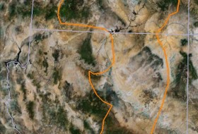 Google Earth image of Arizona and Utah with the Geology 310 route outlined in orange.