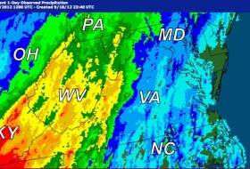Observed precipitation in the mid-Atlantic region on September 18th, 2012 (from the National Weather Service).