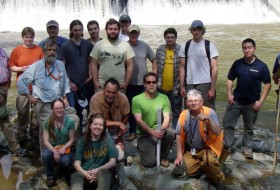 A surly (?) group of field review participants along the Hardware River in the Alberene quadrangle, eastern Blue Ridge, Virginia.