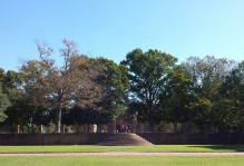 a view of the sunken gardens of the steps towards the wren building