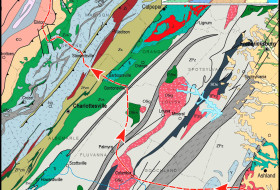 Generalized geologic map of part of central and northwestern Virginia illustrating rock units and our outbound field trip route.