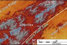 Shaded relief map of the Blue Ridge Mountains and adjacent terrain in the Inner Piedmont and Valley & Ridge provinces of western North Carolina and eastern Tennessee. The Penrose field trip examined rocks across this region.