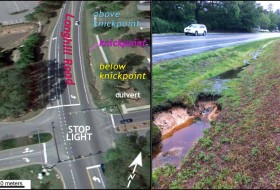 Left- Oblique aerial view (from Google Earth) of the lower part of the Longhill Road drainage ditch, note the change in the channel above and below the knickpoint. Right- The knickpoint on a rainy day, note the change in the channel above and below the knickpoint.
