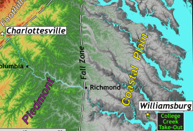 a map of the Piedmont and coastal plain of Virginia from Charlottesville to Williamsburg