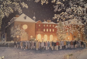 A painting of the wren building in the snow