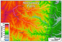 an elevation map of Nottoway falls and nottoway river