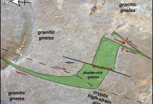 In this photo an older biotite-rich gneissic inclusion is surrounded by the younger granitic gneiss. Both rocks are strongly lineated (oriented NE to SW). Strain is heterogenous as evidenced by the deflection of the biotite-rich gneiss in a cryptic high-strain zone. The asymmetry and offset along the discrete fault is consistent with right-lateral (dextral shear). There is geological craziness at the far end of the biotite-rich gneiss.