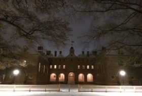 The wren building with snow