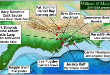 Map illustrating the study areas of William & Mary Geology undergraduates that presented their research at the Geological Society of America’s Southeastern Section meeting in March 2017.
